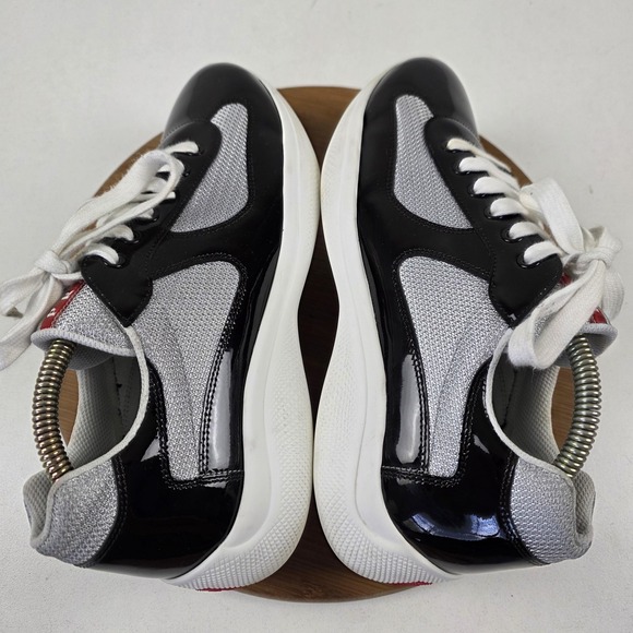 Prada Shoes Mens Size 8 Black Gray Patent Leather Low Top Sneakers Italy - Picture 10 of 16